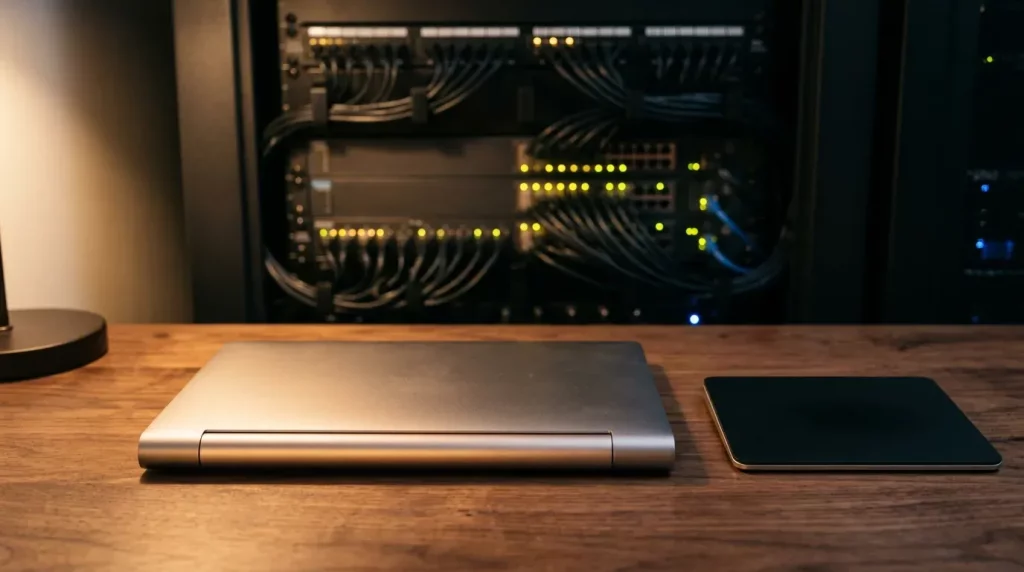 A laptop and trackpad on a wooden desk with blurred server racks behind.